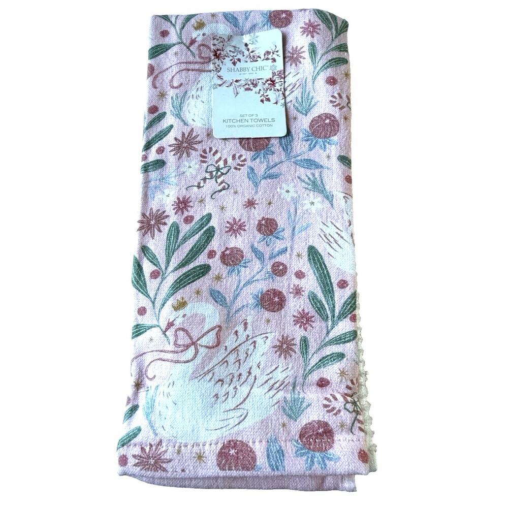 Shabby Chic Kitchen Towels Set of 3 Swans Pink Green White 100% Cotton 16X24